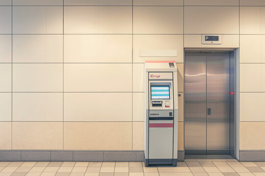 ATM, automated teller machine on the wall. Banking machine, cash point atm near shopping center entrance