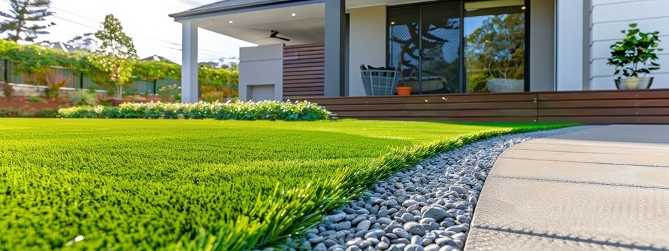 Modern home with wooden edged artificial grass in the front yard Copy space image Place for adding text or design