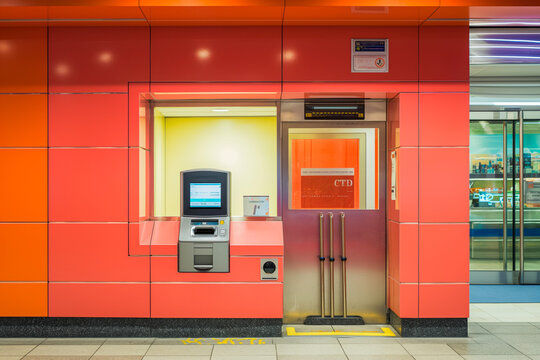 ATM, automated teller machine on the wall. Banking machine, cash point atm near shopping center entrance