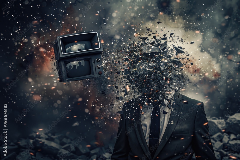 Poster a man in a suit and tie standing in front of a pile of rubble. suitable for business concept