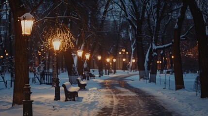 A serene snowy path in a park at night, suitable for winter themes
