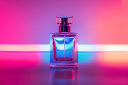Blank glass perfume bottle with on neon light background. Mock up of modern perfumery bottle fragrance
