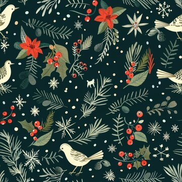 A festive pattern featuring birds, holly leaves, and snowflakes. Perfect for holiday designs
