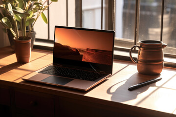 Laptop, a cup of coffee on window sill. Cozy work area Interior with pc on wooden windowsill, bathed in sunny light. Screensaver on display, houseplant in pot, green scenery through the window