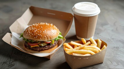 A delicious hamburger and fries served with a hot cup of coffee. Perfect for food and beverage...