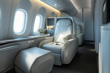 Business class airplane seat. Luxury flying, comfort in the air.