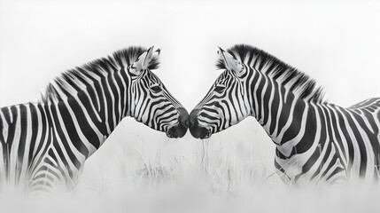 Fototapeta na wymiar Two Mirror Image Burchell's Zebras Grazing on Savannah Plain in Nature