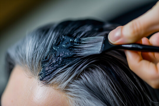 Closeup woman hands dyeing hair using black brush. Middle age woman colouring dark hair with gray roots at home