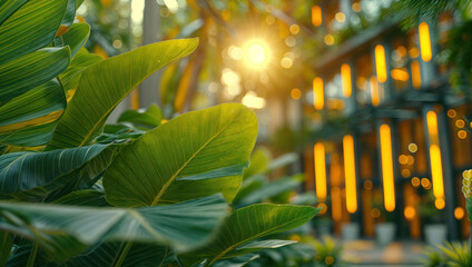 Sunlight lush leaves in serene garden with bokeh. Large and tropical in with veins. Atmosphere tranquil and peaceful outdoor setting.