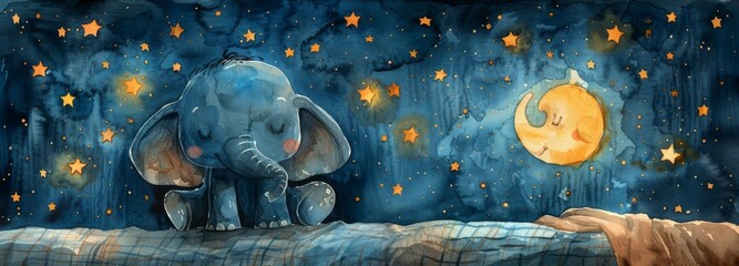 An adorable watercolor illustration of a little girl elephant lying in bed about to go to sleep for a t-shirt design with a cartoon character cartoon design. - obrazy, fototapety, plakaty