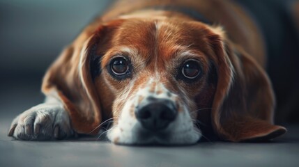 A peaceful image of a brown and white dog laying down. Perfect for pet-related designs