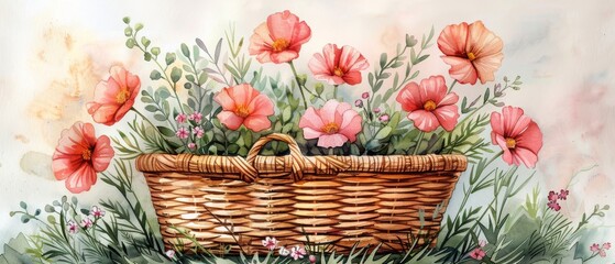 A cute wicker basket for flowers or pets, clipart for card decor, weddings, easter and pets