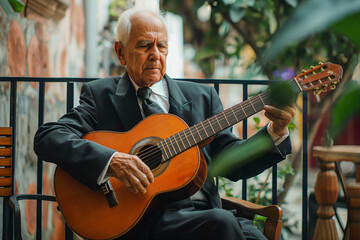 Eldery man in classical suit playing acoustic guitar. Spanish traditional live music performance