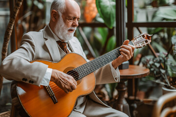 Eldery man in classical suit playing acoustic guitar. Spanish traditional live music performance