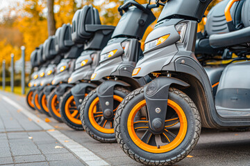 Four wheel mobility electric scooters charging up. Personal transport for seniors or people with...