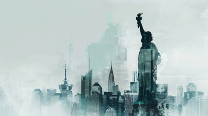 Statue of Liberty and New York, cityscape double exposure contemporary style 
