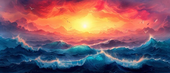 An abstract poster with waves and seagulls, colorful wallpaper, modern cards and banners, abstract art, t-shirts - obrazy, fototapety, plakaty