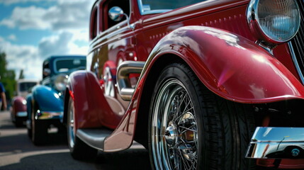 Classic cars including one in a deep red with chrome wheels
