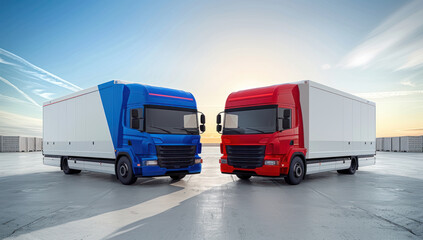 Blue and red cargo trucks ready for delivery at sunrise in a spacious warehouse area. Perfect representation of logistics and freight transportation.