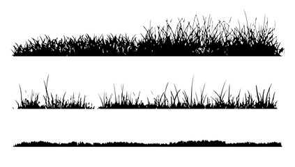 Set of grass line silhouettes isolated white. Nature design meadow and element garden. Field cartoon black and white. Landscape collection horizontal sketch