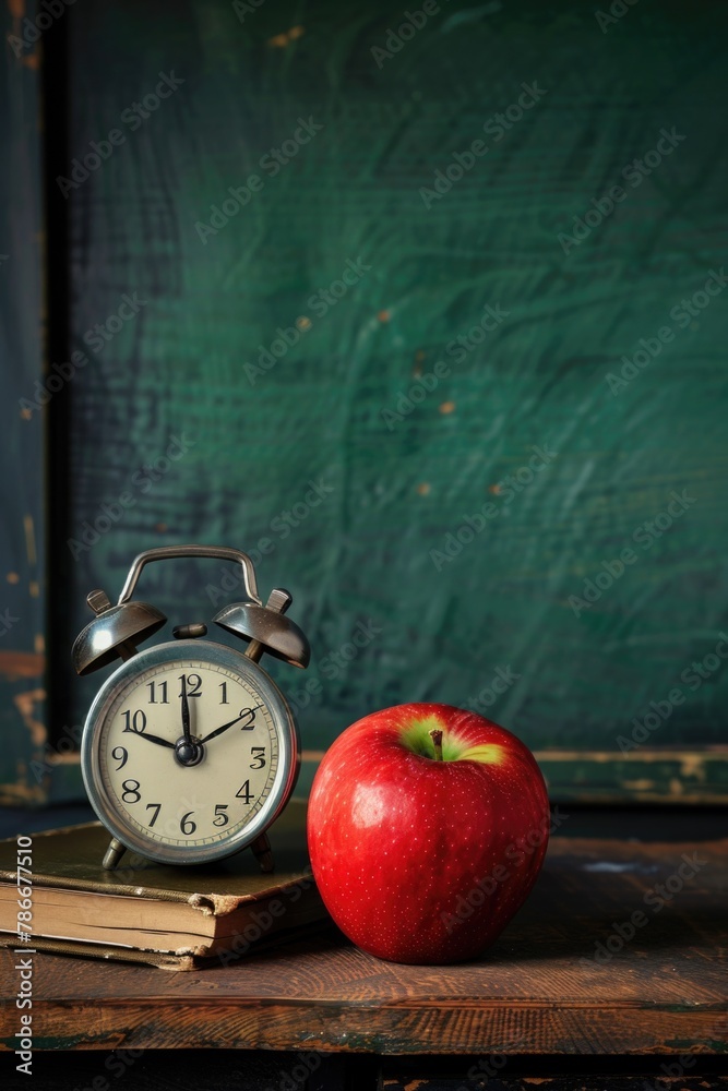 Aufkleber a red apple next to an alarm clock, suitable for various concepts