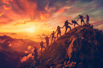 Fototapeta na wymiar Panoramic view of team of people holding hands and helping each other reach the mountain top in spectacular mountain sunset landscape