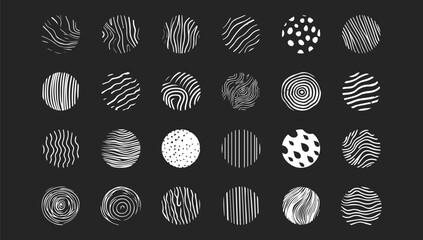 Set round abstract black and white backgrounds or patterns. Hand drawn doodle shapes. line, spotted, spiral texture. Vector illustration contemporary shape