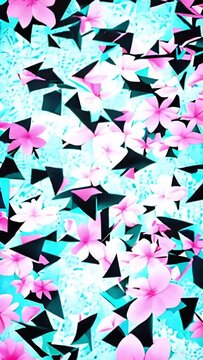 Abstract pink flowers moving on a glitched turquoise background
