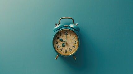 Blue alarm clock on blue wall, perfect for time management concepts