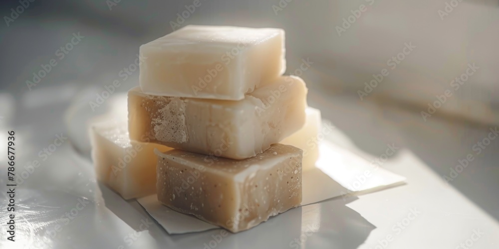 Poster four soap bars stacked on top of each other, suitable for hygiene and cleanliness concepts