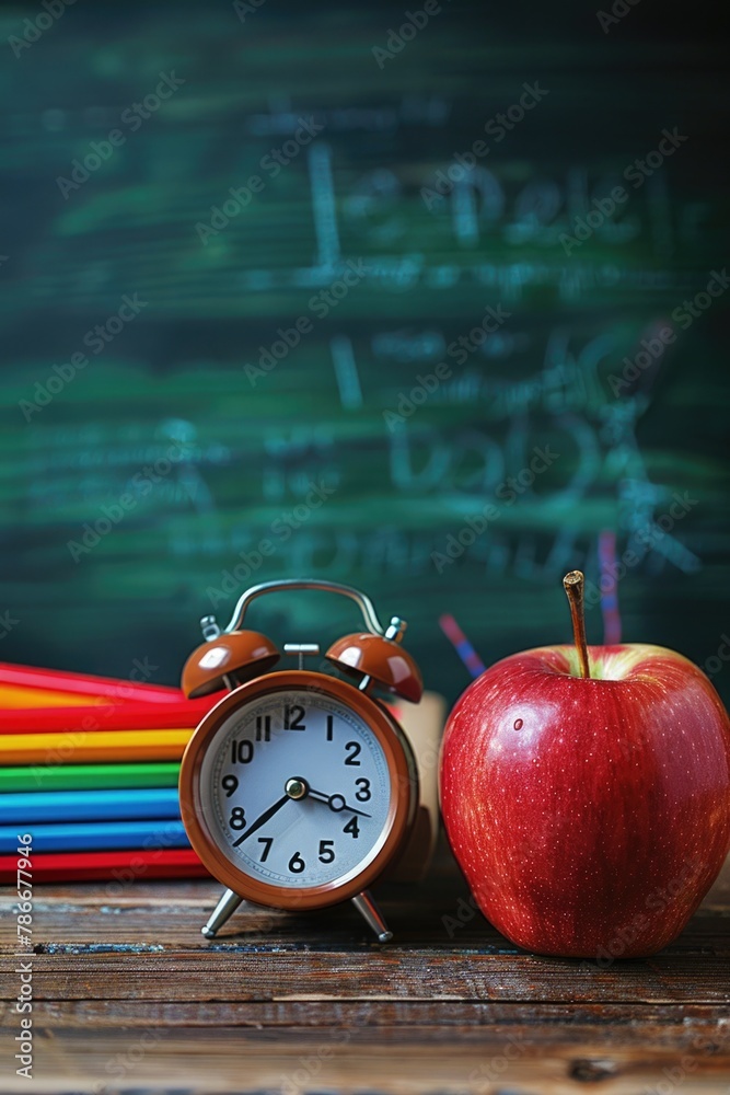 Poster An apple and an alarm clock placed on a table. Suitable for lifestyle and time management concepts