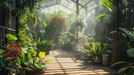 vibrant plant nursery full of lush greenery, detailed textures of leaves and flowers, sunlight...