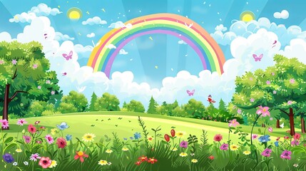 A summer meadow landscape featuring lush green grass, vibrant flowers, and a colorful rainbow.