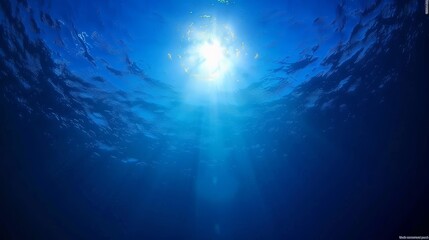 Underwater view of the ocean with sunlight streaming through the surface.