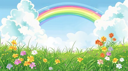 A summer meadow landscape featuring lush green grass, vibrant flowers, and a colorful rainbow.