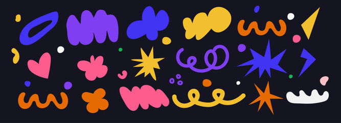 Set of abstract figures and shapes. Geometric figures. Vector. textures modern stickers in retro and vintage 90s style. 2000s. Collection Wave, clouds and bubbles. Elements in hand drawn style. Groovy