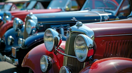 Vintage cars with chrome grille grdigions, red and blue colors
 - obrazy, fototapety, plakaty