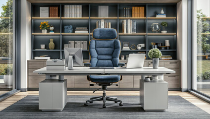 Modern and organized office space with a comfortable chair and a well equipped desk against a backdrop of elegant bookshelf.