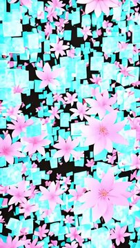 Abstract pink flowers on a glitched turquoise background