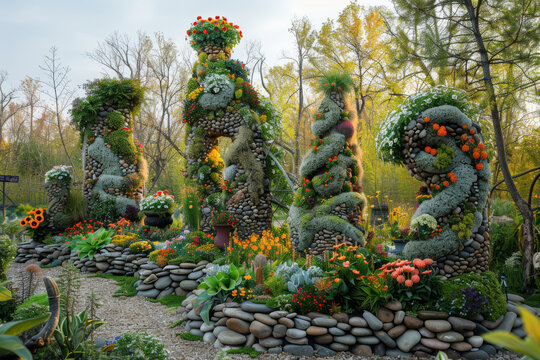 A whimsical garden installation featuring imaginative sculptures and playful landscaping, inviting visitors to explore and dream. Concept of botanical creativity. Generative Ai.