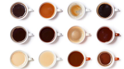 Different coffee styles in white cups on white background. - obrazy, fototapety, plakaty