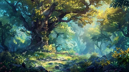 Fototapeta na wymiar A stunning enchanted forest filled with large, magical trees and lush vegetation. This is a digital painting illustration serving as a background.