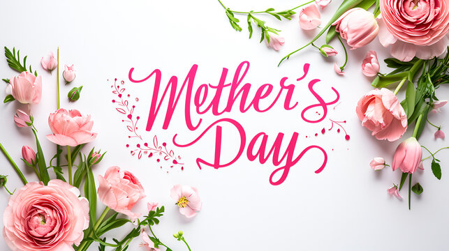 Festive background frame for Mother's Day with pink greeting lettering Mother's Day and pink flowers on white top view