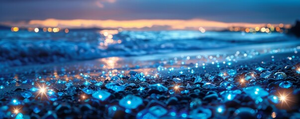 Bioluminescent tide on coastal rocks. Nighttime long exposure photography.