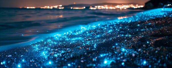 Shimmering bioluminescent beach at twilight. Long exposure beachscape with ambient city lights. - obrazy, fototapety, plakaty