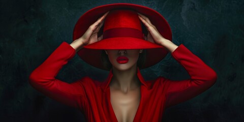 Fashion, hat, and model woman on red studio background for exquisite or trendy style. Aesthetic, art, or confidence with a young woman in a stylish suit or beauty dress.