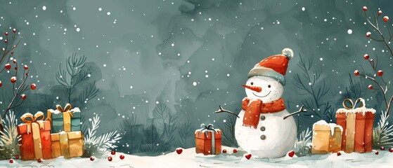 An adorable snowman is holding gifts in the snow, a watercolor style clipart illustration ideal for card design or the design of a print.