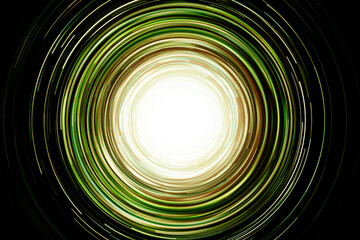 Neon circle lines with empty copy space isolated on black background. Colorful led lights long exposure rotation photo. Eco shiny light glow. Cosmos space planet abstraction. Green vortex spiral.