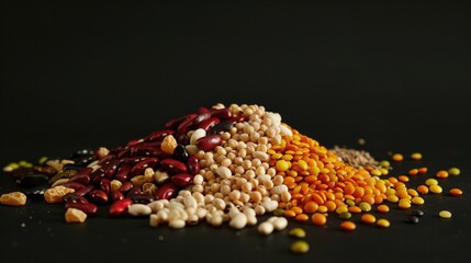 Various beans piled on a black background. Ideal for food and nutrition concepts