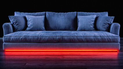 Elegant blue sofa with plush cushions and a modern design. Illuminated by a subtle red led light creating a cozy ambiance.